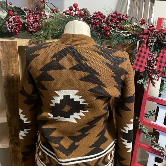 Lucky Brand Open Front Aztec Design Southwestern long Cardigan sweater Brown Sm - Picture 10 of 11